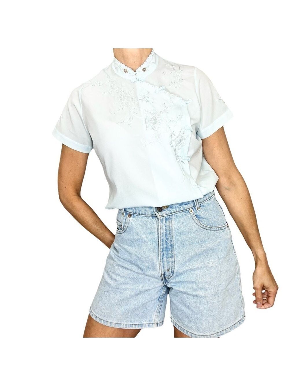 Vintage pale blue sheer cheongsam mandarin collar embroidered short sleeve top